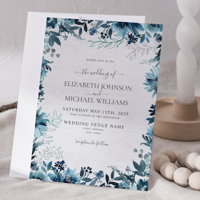 Convites Casamento no inverno Botânico Elegante Blue Waterc (Winter Wedding Invitation)
