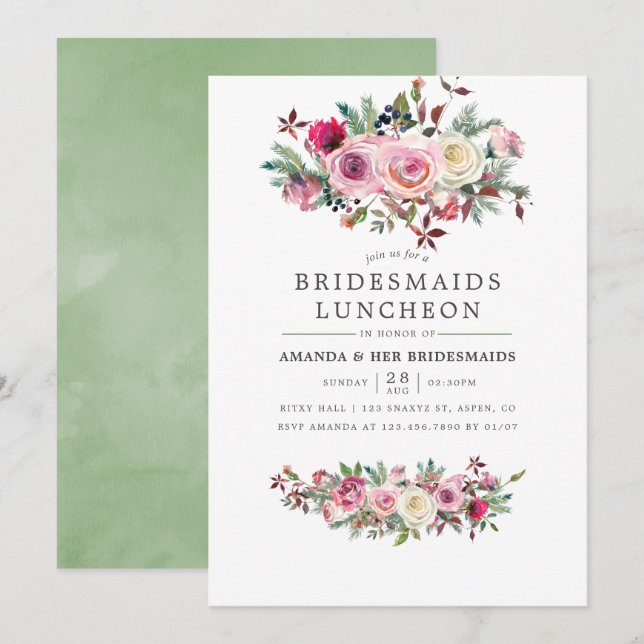 Convites Casamento no inverno Bridesmaids Luncheon Floral I (Frente/Verso)