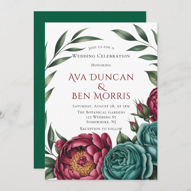 Convites Casamento no inverno Burgundy & Emerald Peony (Frente/Verso)
