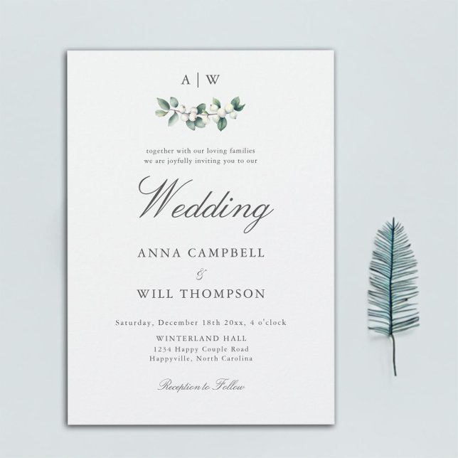 Convites Casamento no inverno Clássico Elegante de Snowberr (winter wedding invitation monogram crest watercolor snowberry modern classic elegant traditional)