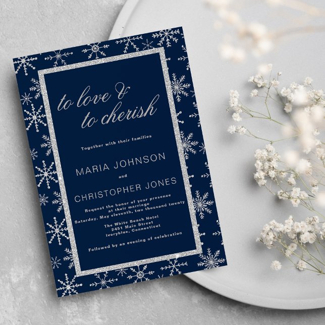 Convites casamento no inverno com floco de neve marinho azu (Navy blue silver glitter snowflake winter Wedding )
