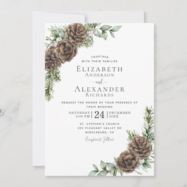 Convites Casamento no inverno de Aquarela Pine Cone Greener (Frente)