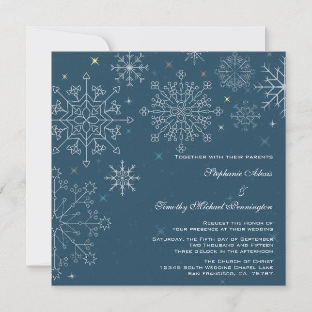 Convites casamento no inverno de floco de neve azul marinho (Frente)