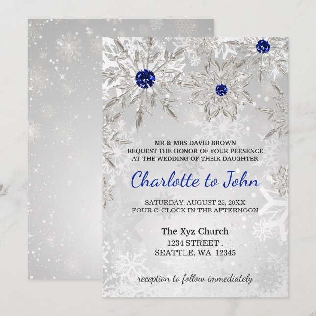 Convites casamento no inverno de flocos de neve azul-real p (Frente/Verso)