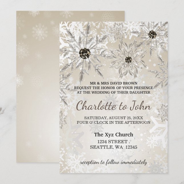 Convites casamento no inverno de flocos de neve de ouro pra (Frente/Verso)