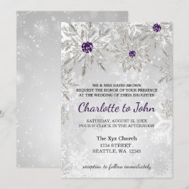 Convites casamento no inverno de flocos de neve roxos prate