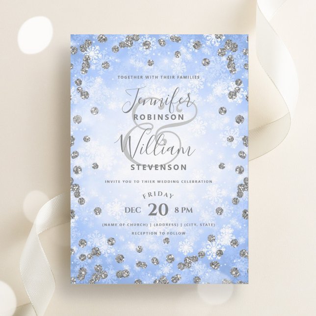 Convites Casamento no inverno de folheto azul de prata fest (Festive Silver Blue Glitter Winter Wedding Invitation)