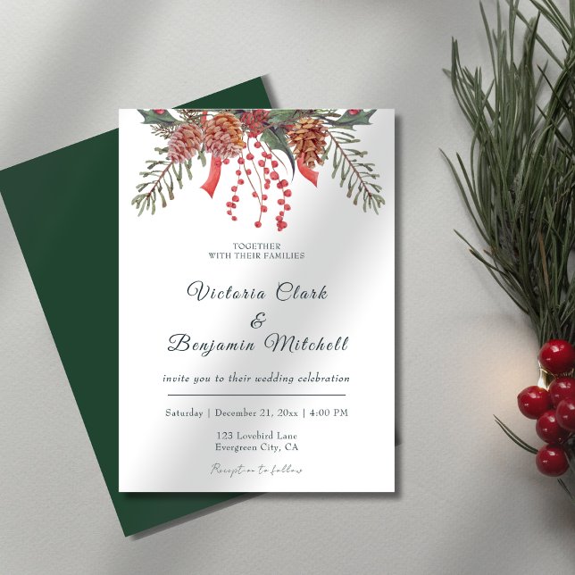 Convites Casamento no inverno de Natal Rustic Pine Cone Gre (Rustic Pine Cone Greenery Christmas Winter Wedding Invitation)