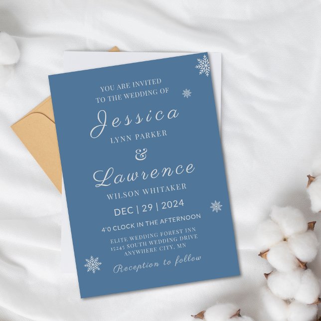 Convites Casamento no inverno de Prata Azul Elegante Modern (Modern Elegant Snow Dusty Blue Silver Winter Wedding Invitations)