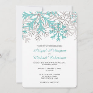 Convites Casamento no inverno de Prata Azul Teal Flocos de 