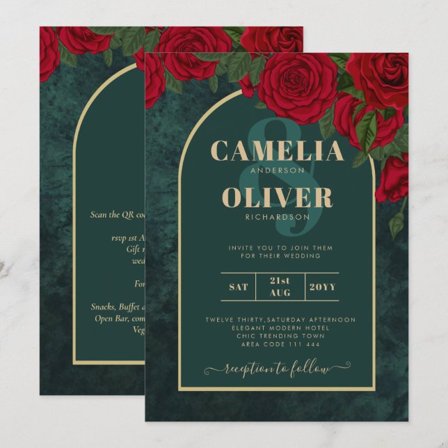 Convites Casamento no inverno de Rosas vermelhas Douradas V (Frente/Verso)