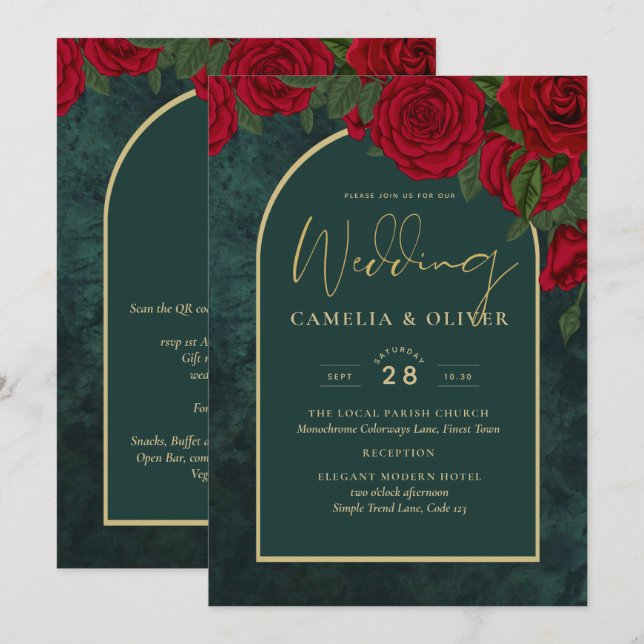 Convites Casamento no inverno de Rosas vermelhas Douradas V (Frente/Verso)