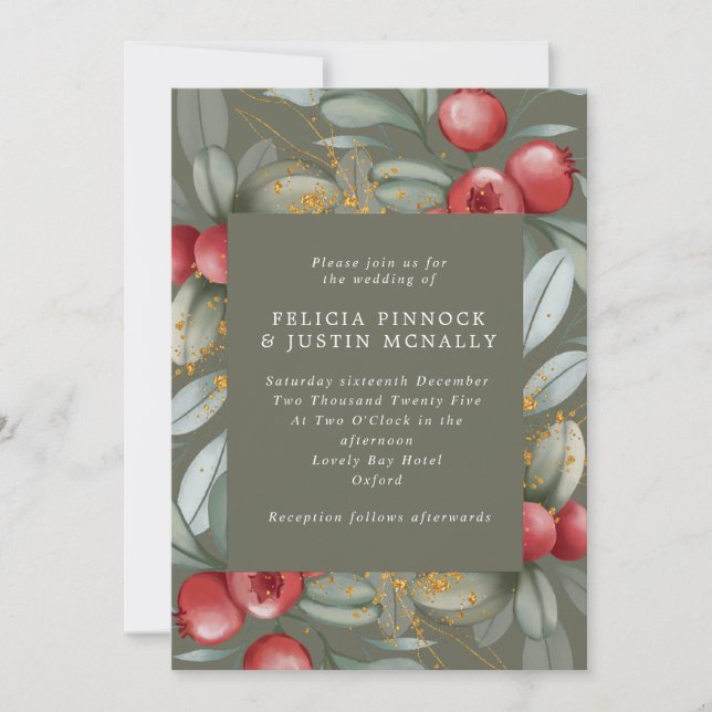 Convites Casamento no inverno de Sage Green & Red Berries (Frente)
