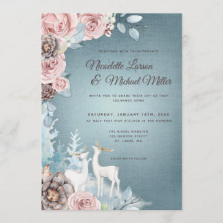 Convites Casamento no inverno Dusty Blue e Blush Woodland