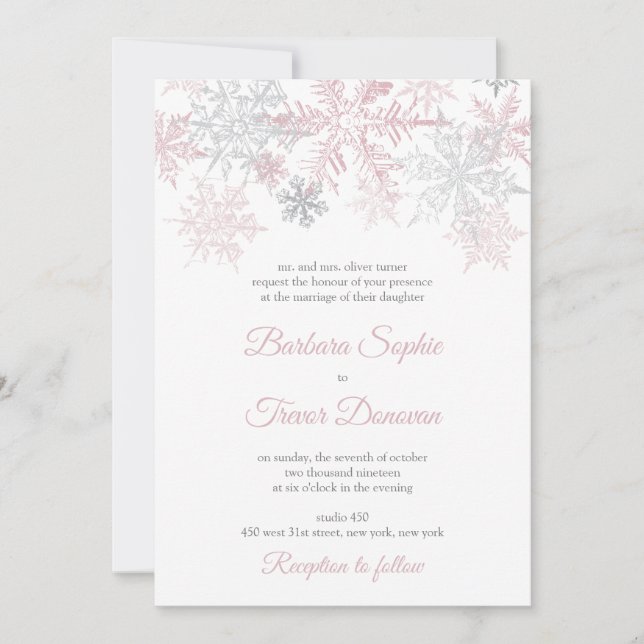 Convites Casamento no inverno Dusty Pink & Silver Snowflake (Frente)