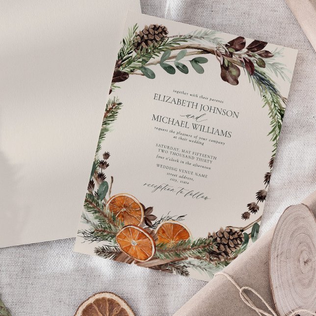 Convites Casamento no inverno Elegante Citrus Boho Greenery (Easily personalize this formal bohemian citrus invitation for the perfect fall or winter wedding)