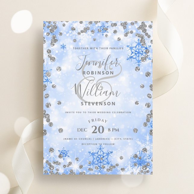 Convites Casamento no inverno Elegante de Grelha Azul de Pr (Festive Silver Blue Glam Elegant Winter Wedding Invitation)