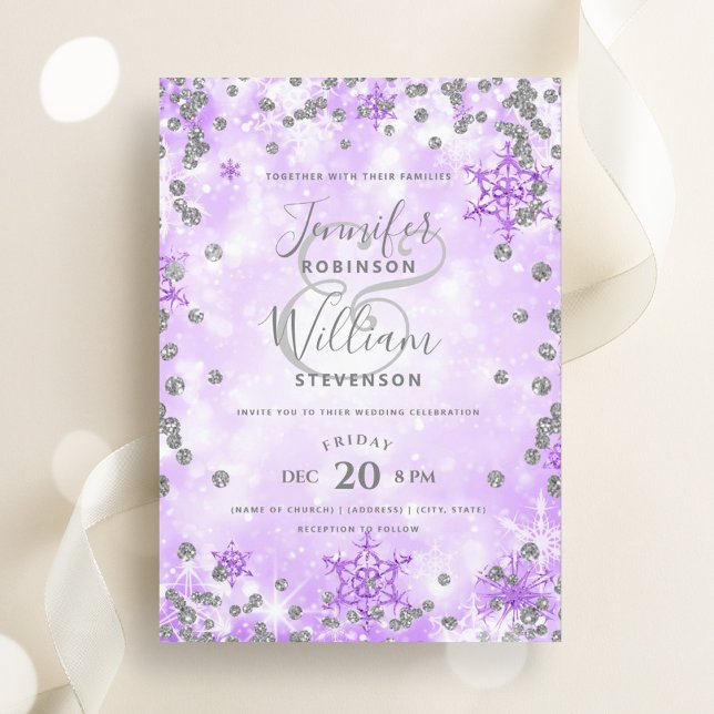 Convites Casamento no inverno Elegante de Grelha Púrpura de (Festive Silver Purple Glam Elegant Winter Wedding Invitation)