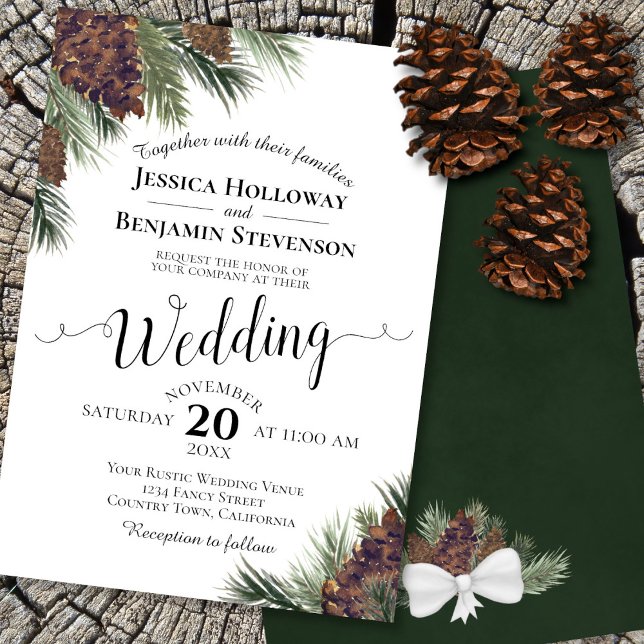 Convites Casamento no inverno Elegante Rustic Watercolor Pi (In Situ Front and Back)