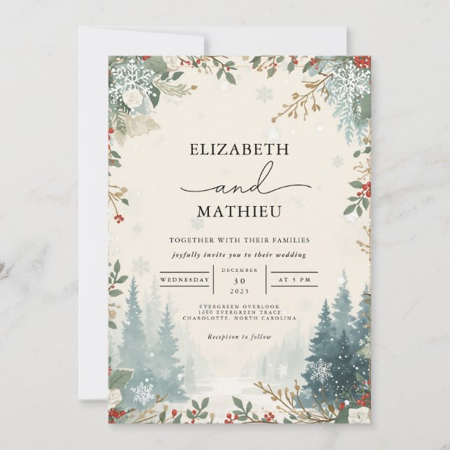 Convites Casamento no inverno Evergreen fosco (Frente)
