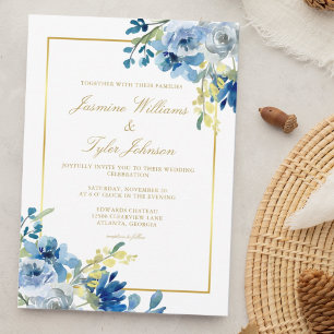 Convites Casamento no inverno Floral Elegante Dourado Azul