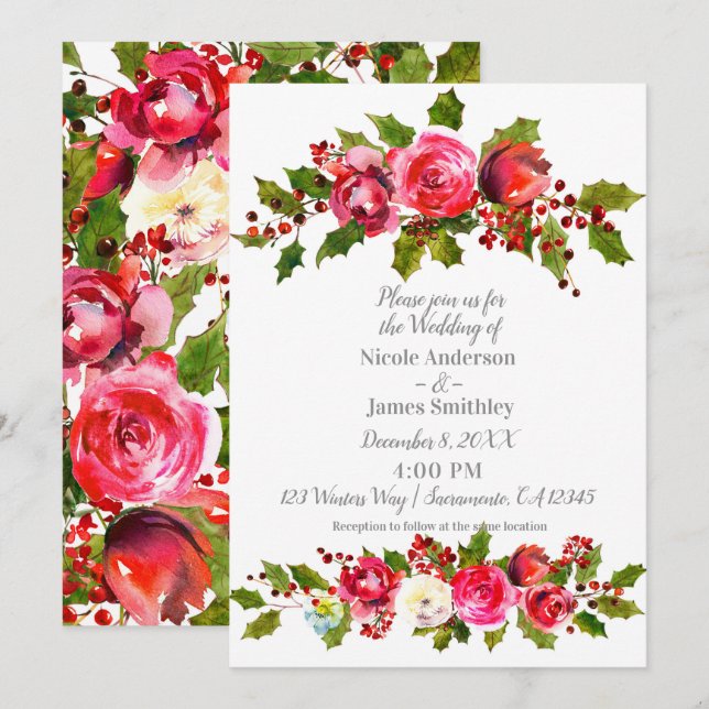 Convites Casamento no inverno Floral Holly Berry Sai Feriad (Frente/Verso)