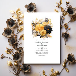 Convites Casamento no inverno Floral Preto e Dourado