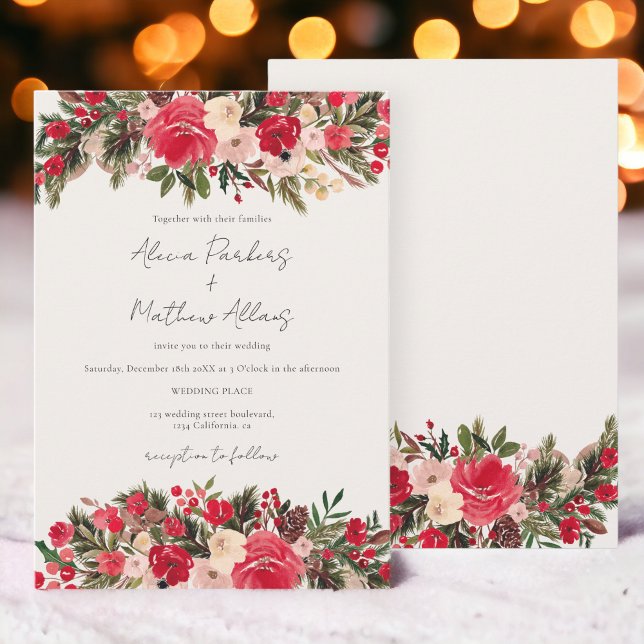 Convites Casamento no inverno Floral Vermelho Russo (Rustic Red green Floral Winter Wedding Invitation)