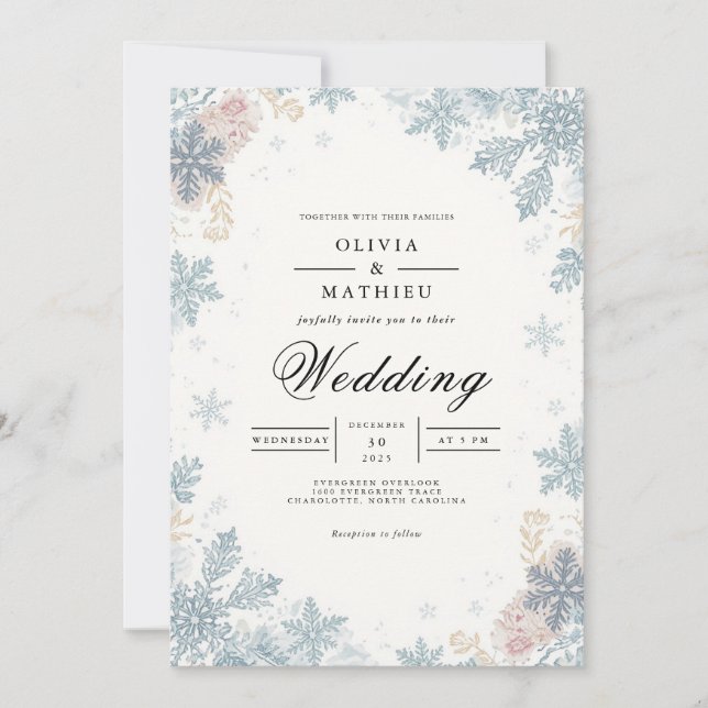 Convites Casamento no inverno fosco Blue Snowflakes (Frente)