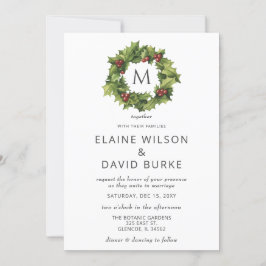Convites Casamento no inverno Holly Berries Wreath Monogram