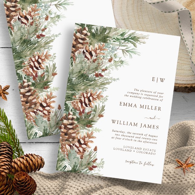 Convites Casamento no inverno monograma (Monogrammed Outdoor Evergreen Pine White Wedding Invitation by Painted Paperie
)