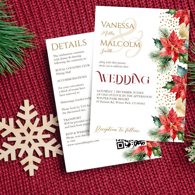 Convites Casamento no inverno poinsettia ouro tudo em um mo (Winter wedding watercolor poinsettia red and gold all in one template invitation digital download)