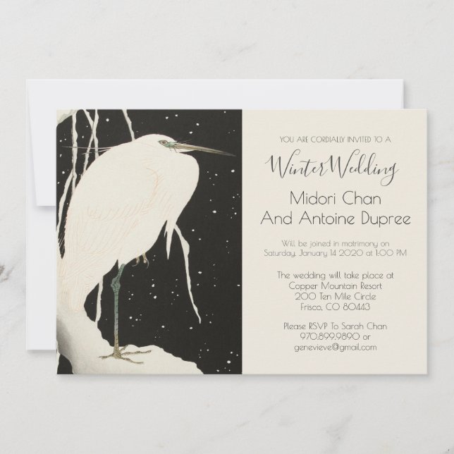 Convites Casamento no inverno Preto E Branco | White Heron (Frente)