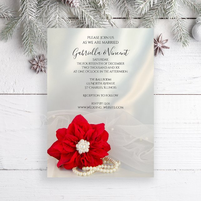 Convites Casamento no inverno Red Poinsettia e White Pearls (Set the tone for your wintery marriage with the elegant Poinsettia and Pearls Wedding Invitation.)