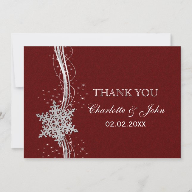 Convites casamento no inverno Red Silver Snowflakes Obrigad (Frente)