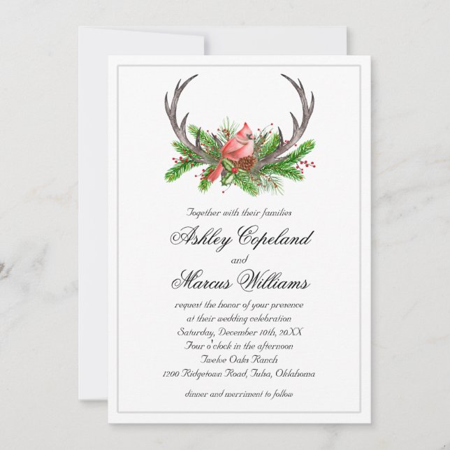 Convites Casamento no inverno Rustic Antlers Boho Woodland (Frente)