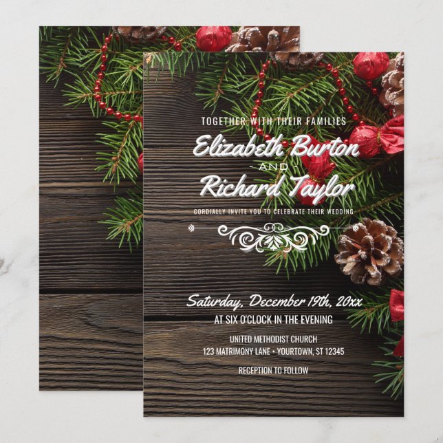 Convites Casamento no inverno Rustic Holiday (Frente/Verso)
