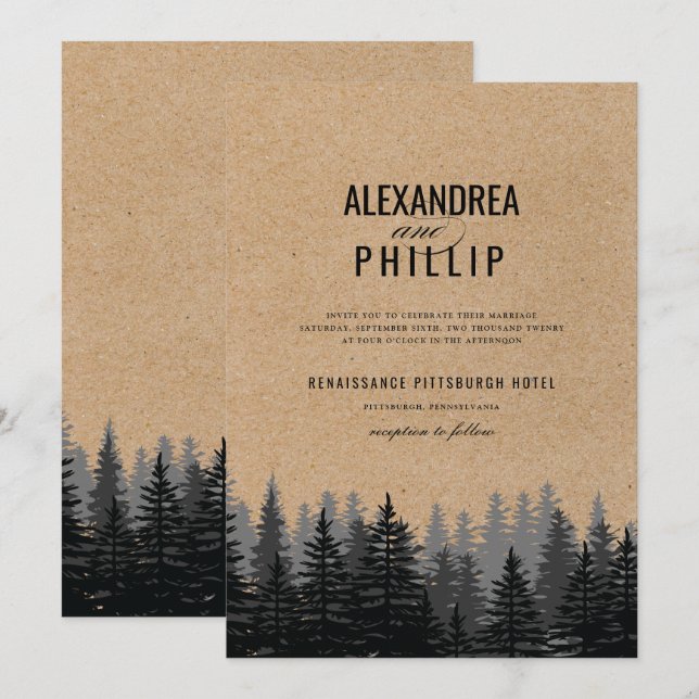 Convites Casamento no inverno Rustic Pine Trees Kraft (Frente/Verso)