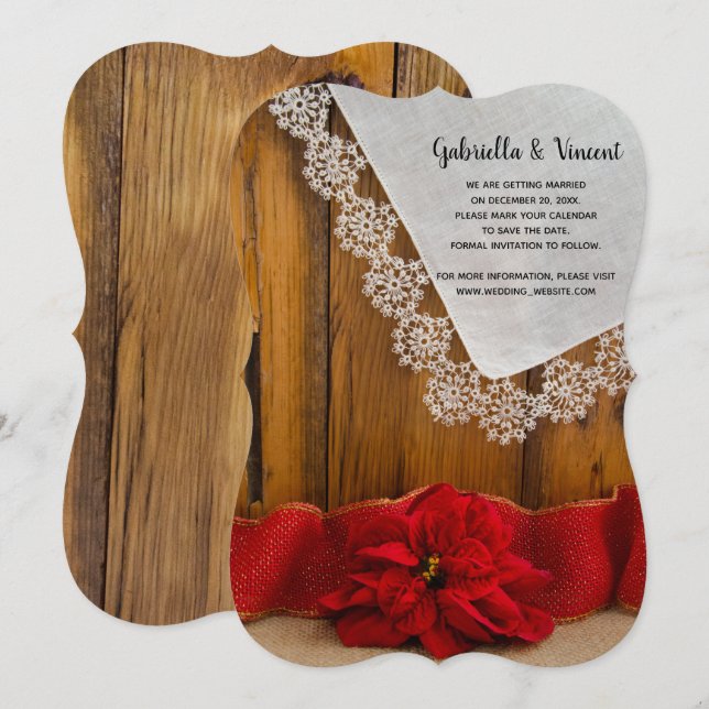 Convites Casamento no inverno Rustic Red Poinsettia Salvar  (Frente/Verso)