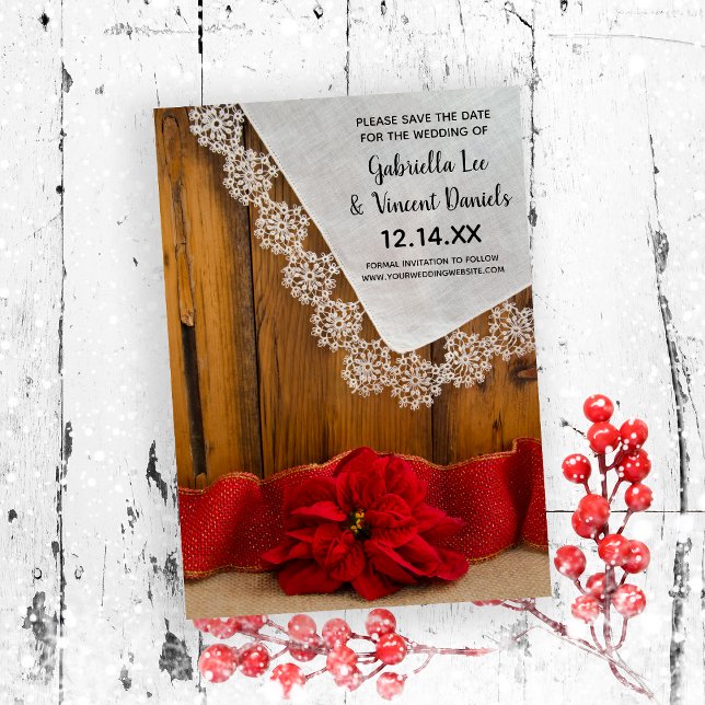 Convites Casamento no inverno Rustic Red Poinsettia Salvar  (Set the tone for your December winter wedding with this festive save the date.)