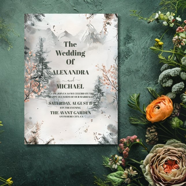 Convites Casamento no inverno Rustic Watercolor Mountain (Criador carregado)