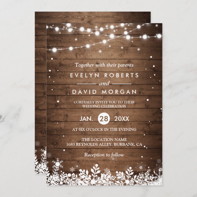 Convites Casamento no inverno Rustic Wood String Luzes Snow (Frente/Verso)