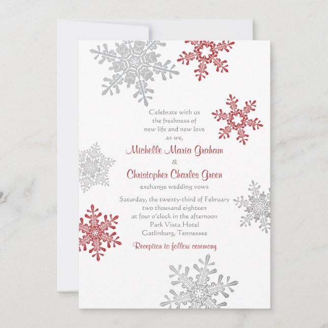 Convites Casamento no inverno Simples Red Silver Snowflake (Frente)
