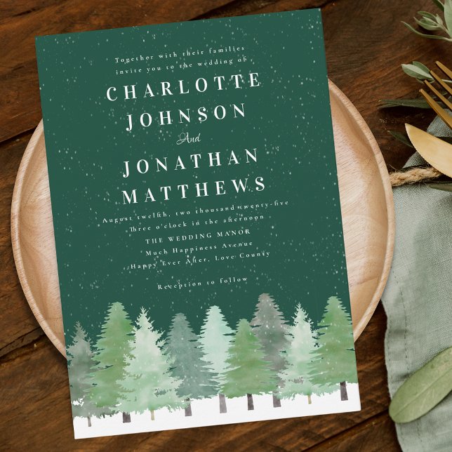 Convites Casamento no inverno Verde da Floresta Florestal M (Watercolor forest snowy Woodland green winter wedding invitation)