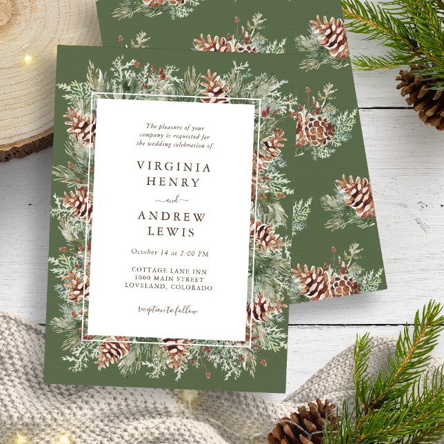Convites Casamento no inverno Verde Elegante (Elegant Green Pinecone Winter Outdoor Wedding Invitation by Painted Paperie
)