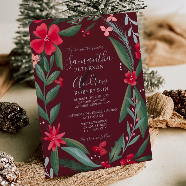 Convites Casamento no inverno verde-vermelho de coroa flora (Red green floral wreath pattern winter wedding invitation )