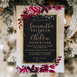 Convites casamento no inverno vermelho de neve  dourado