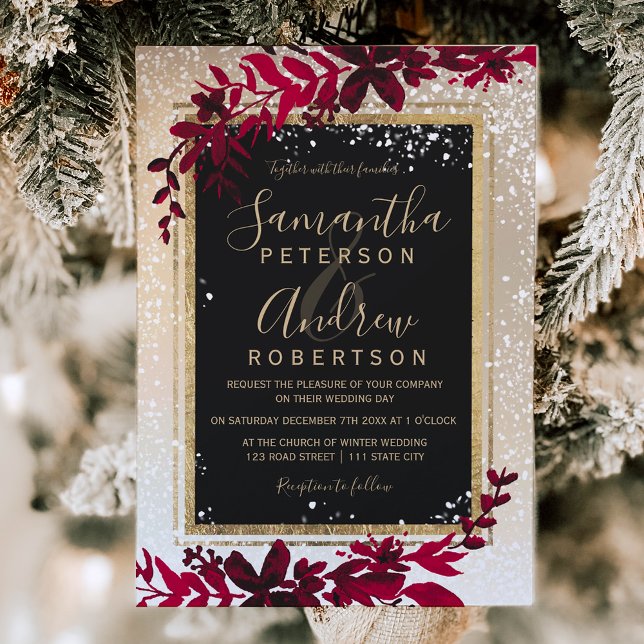 Convites casamento no inverno vermelho de neve  dourado (gold typography leaf snow red winter wedding invitation)