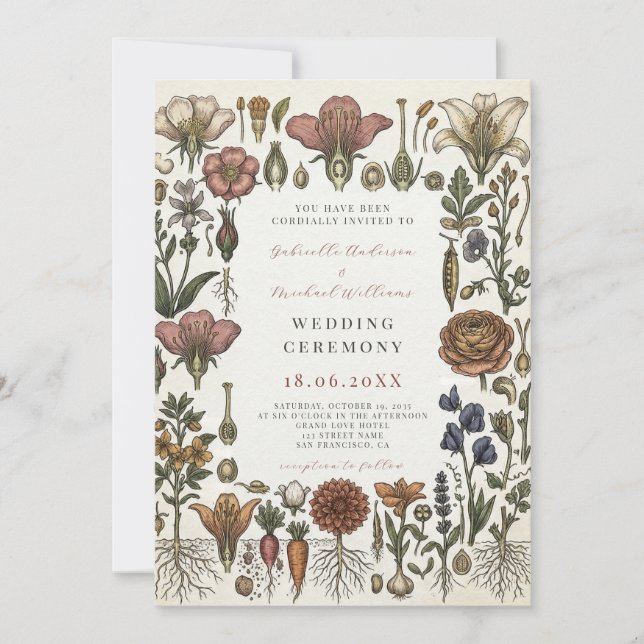Convites Casamento no Jardim Botânico com Tema de Vegetais  (Frente)