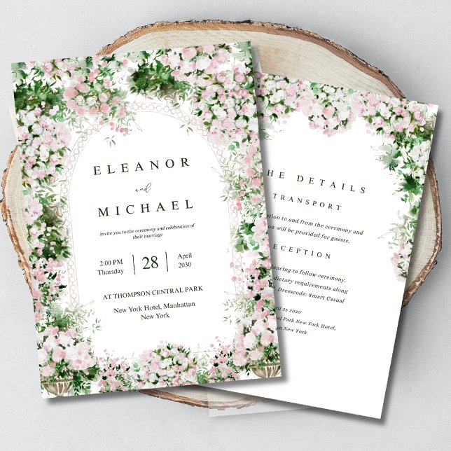 Convites Casamento no Jardim com Arco Floral Rosa Romântico (Criador carregado)
